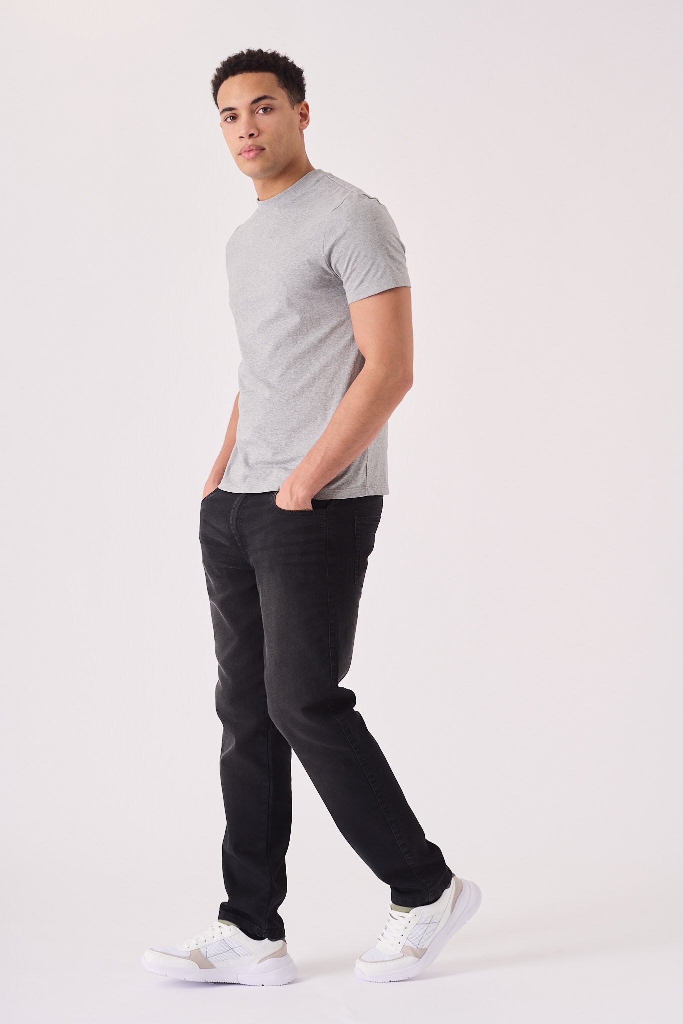 JMOJO men's straight leg jeans in washed black denim, front view