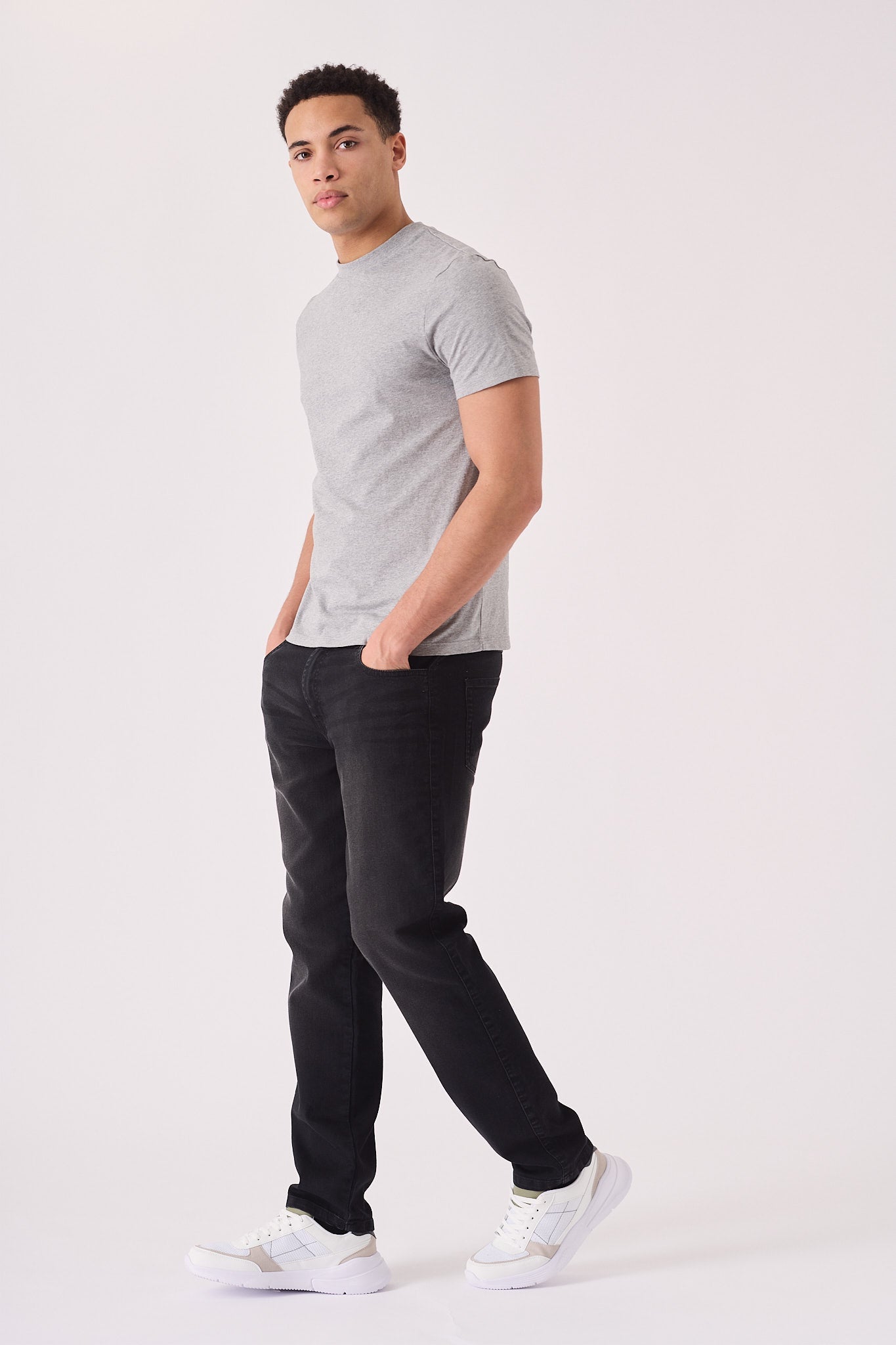 JMOJO men's straight leg jeans in washed black denim, front view