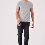 Men's washed black jeans full length side view, straight fit with mid-rise waist