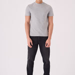 Men's straight fit black jeans side view showing straight leg silhouette from hip to ankle