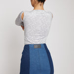 Jmojo patchwork denim mini skirt back close up herman co branded label