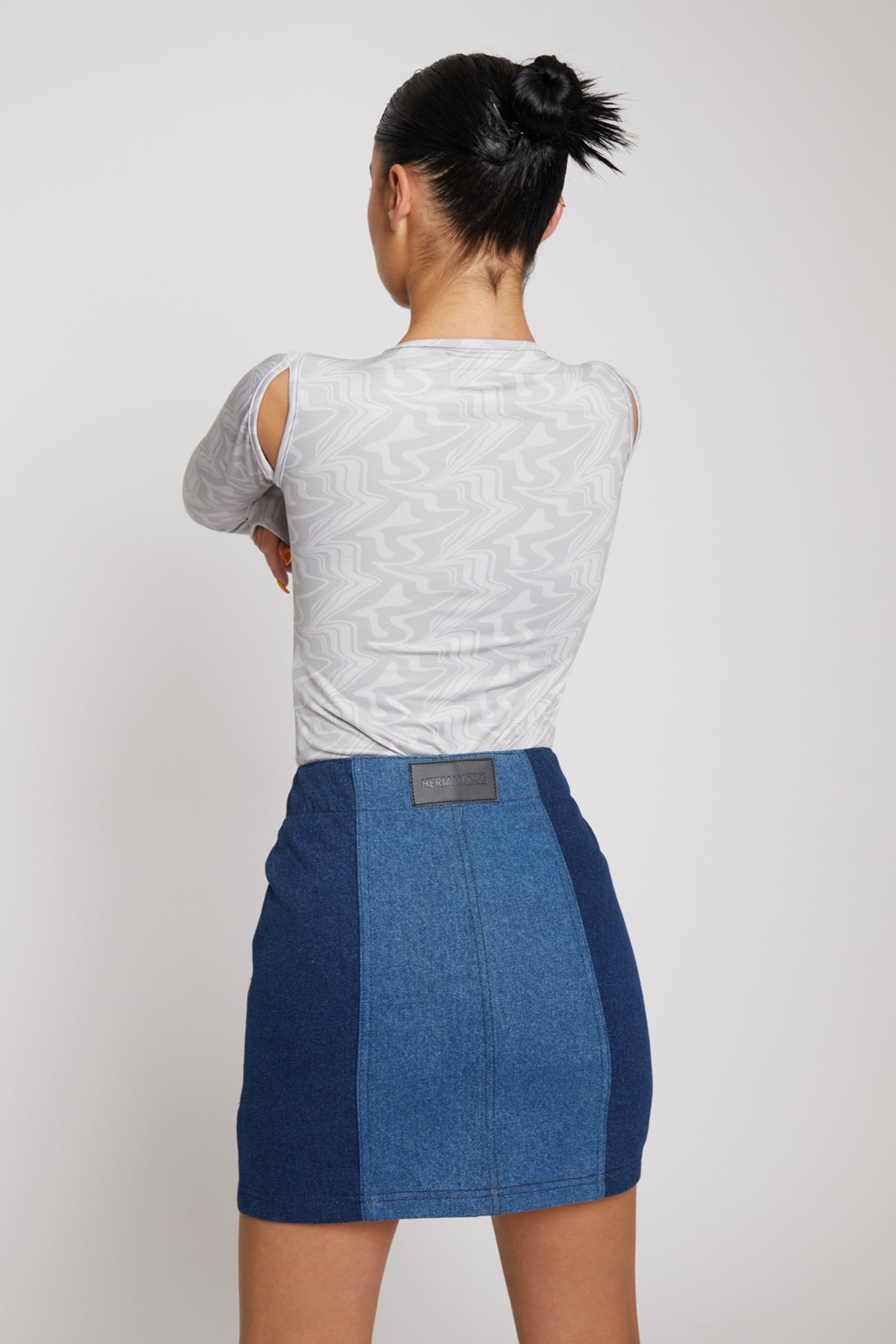 Jmojo patchwork denim mini skirt back close up herman co branded label