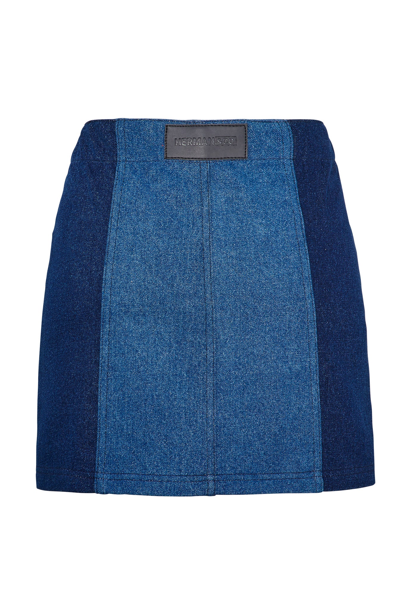 Jmojo patchwork denim mini skirt back flat lay two tone panels