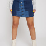 Jmojo high waist patchwork denim mini skirt front close up snap buttons