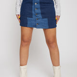 Jmojo high waist patchwork denim mini skirt front close up snap buttons