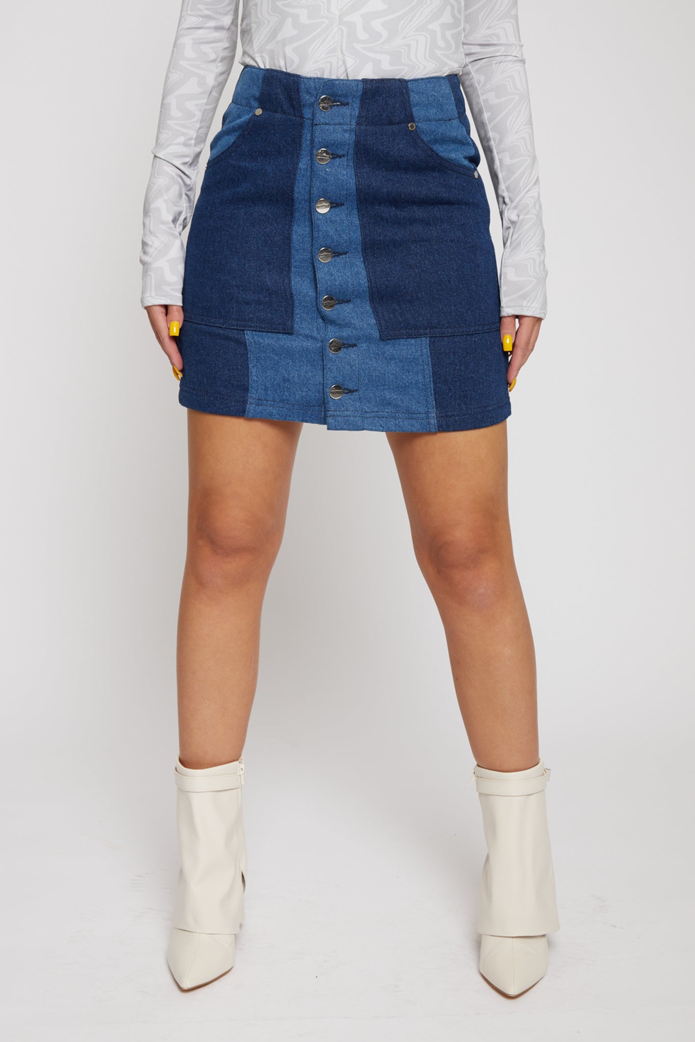 Jmojo high waist patchwork denim mini skirt front close up snap buttons