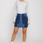 Jmojo patchwork denim mini skirt standing full length front view two tone denim