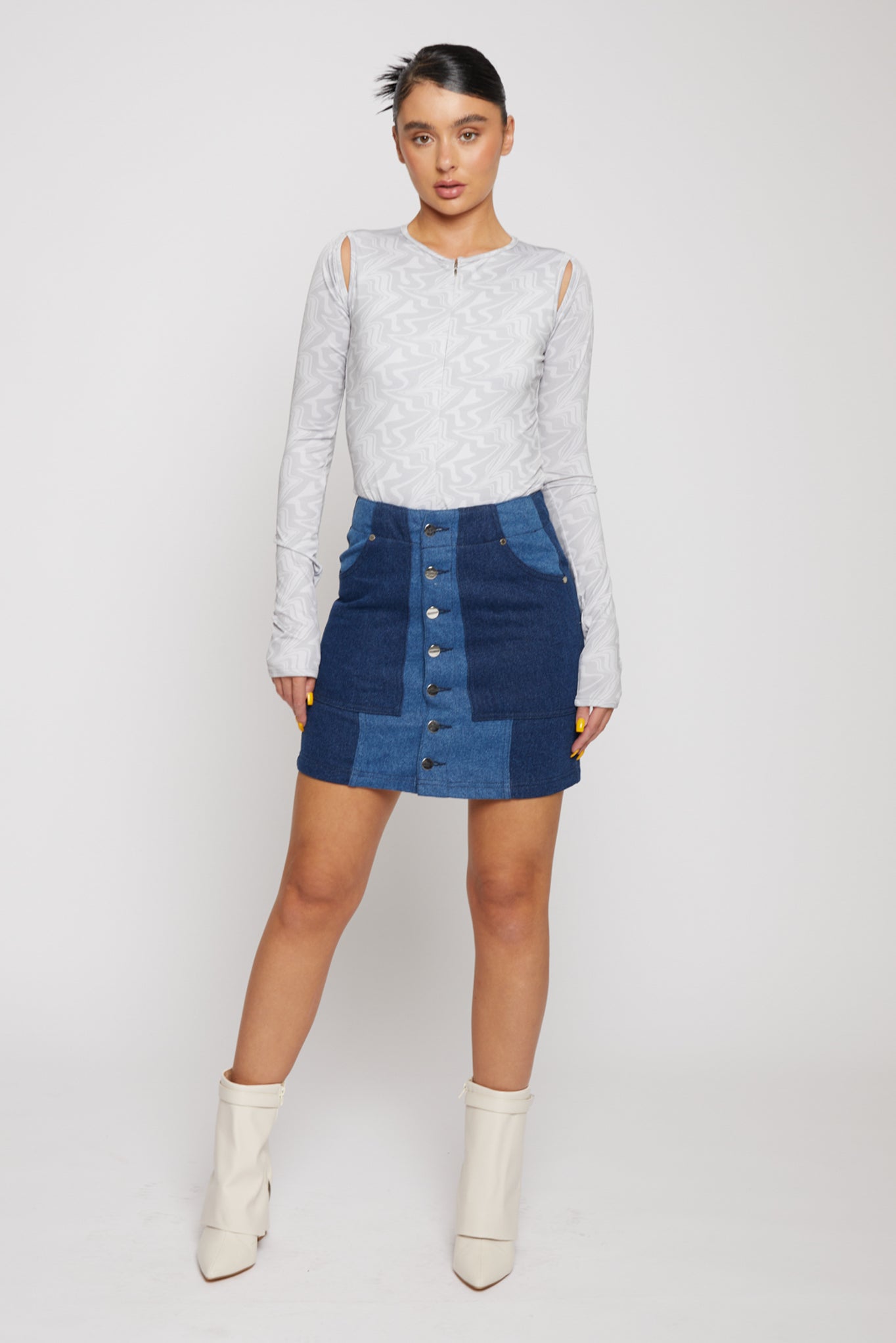 Jmojo patchwork denim mini skirt standing full length front view two tone denim