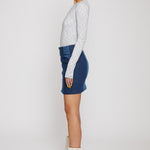 Jmojo patchwork denim mini skirt side view on model showing snap buttons
