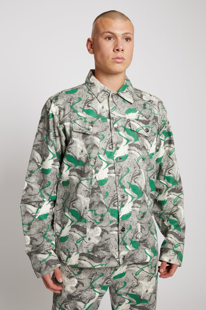 Jmojo printed denim jacket men green close up collar detail