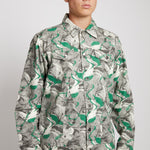 Jmojo printed denim jacket men green close up collar detail