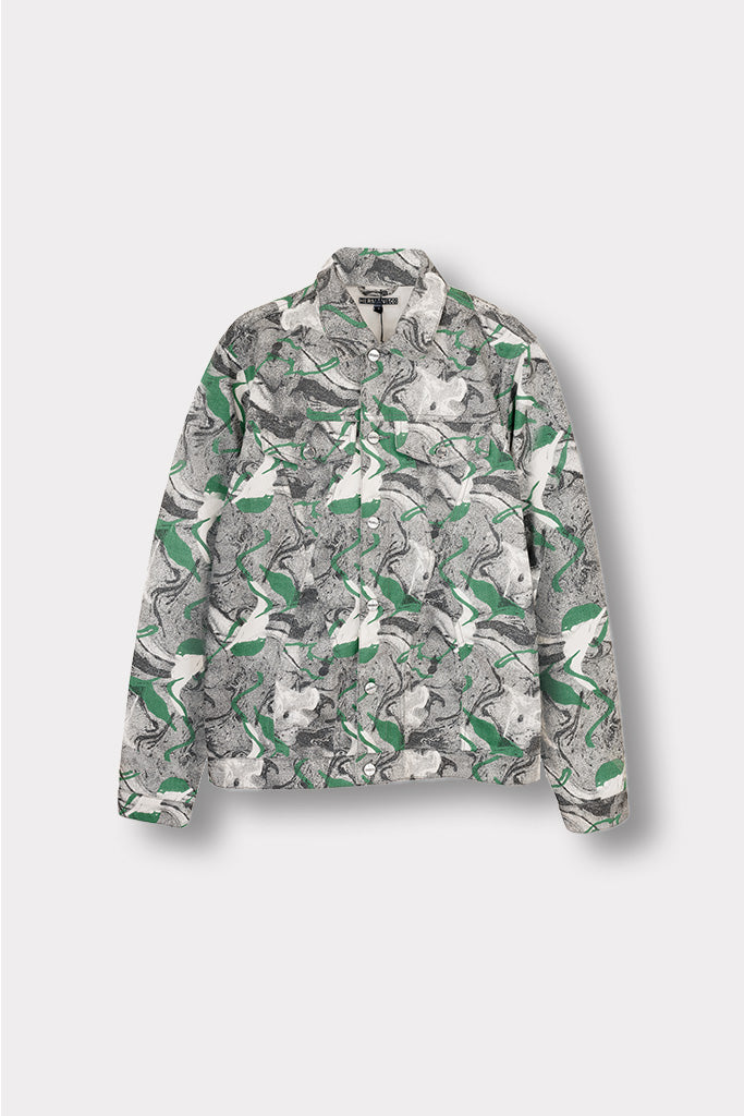 Jmojo printed denim jacket men green flatlay front view