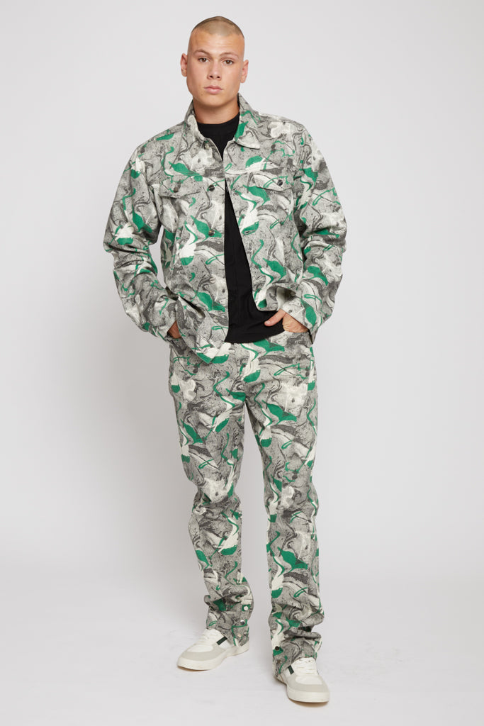 Jmojo printed denim jacket men green full outfit front view