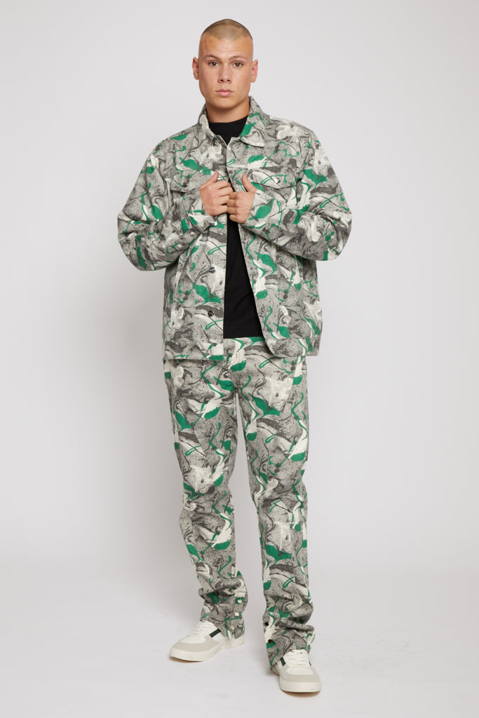 Jmojo printed denim jacket men green worn open with black tee