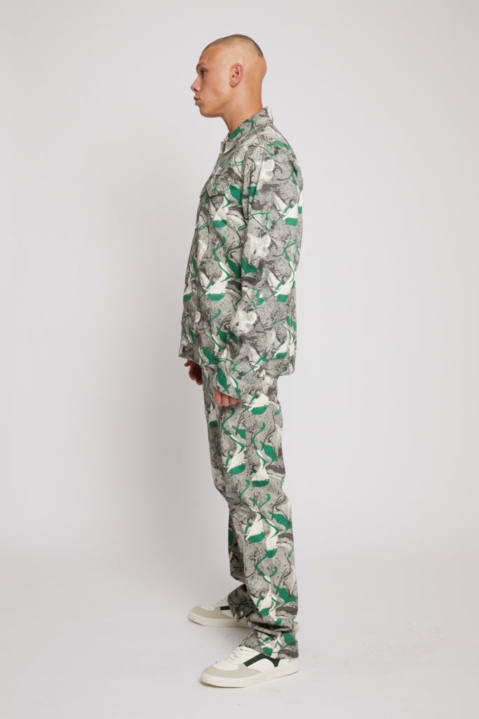 Jmojo printed denim jacket men green side profile view