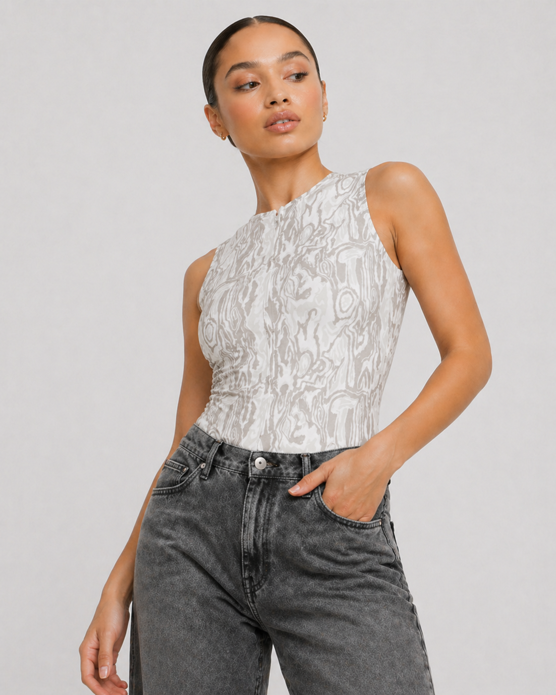 Jmojo printed racer neck bodysuit close up view
