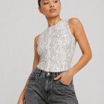 Jmojo printed racer neck bodysuit close up view