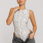 Jmojo printed racer neck bodysuit showing front zip detail