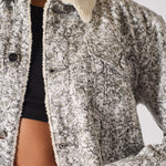 Jmojo printed sherpa denim jacket cream sherpa collar and chest pocket close up