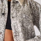 Jmojo printed sherpa denim jacket cream sherpa collar and chest pocket close up