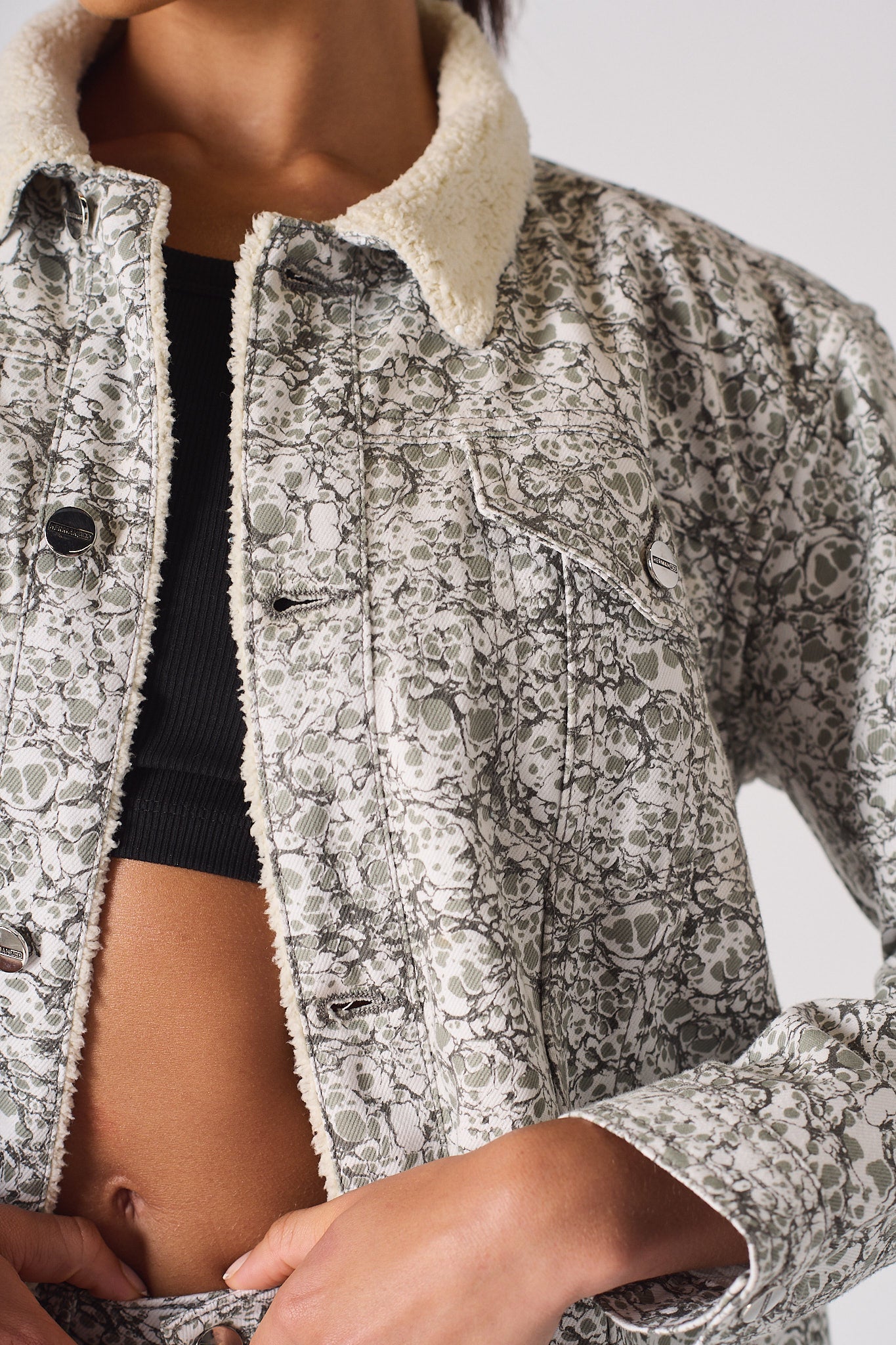 Jmojo printed sherpa denim jacket cream sherpa collar and chest pocket close up