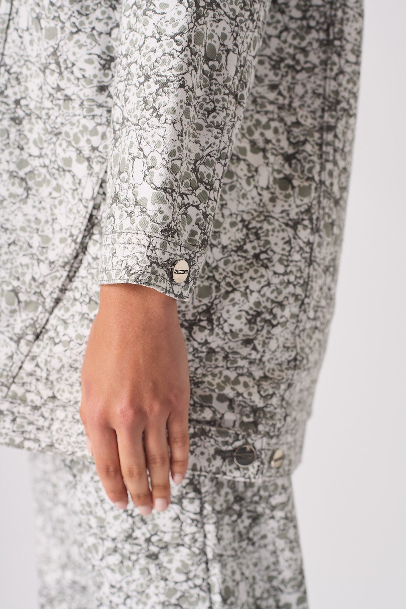 Jmojo printed sherpa denim jacket cuff and side view close up detail