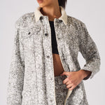 Jmojo printed sherpa denim jacket model close up front button detail