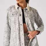 Jmojo printed sherpa denim jacket model close up front button detail
