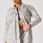 Jmojo printed sherpa denim jacket worn open model front close up
