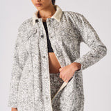 Jmojo printed sherpa denim jacket worn open model front close up