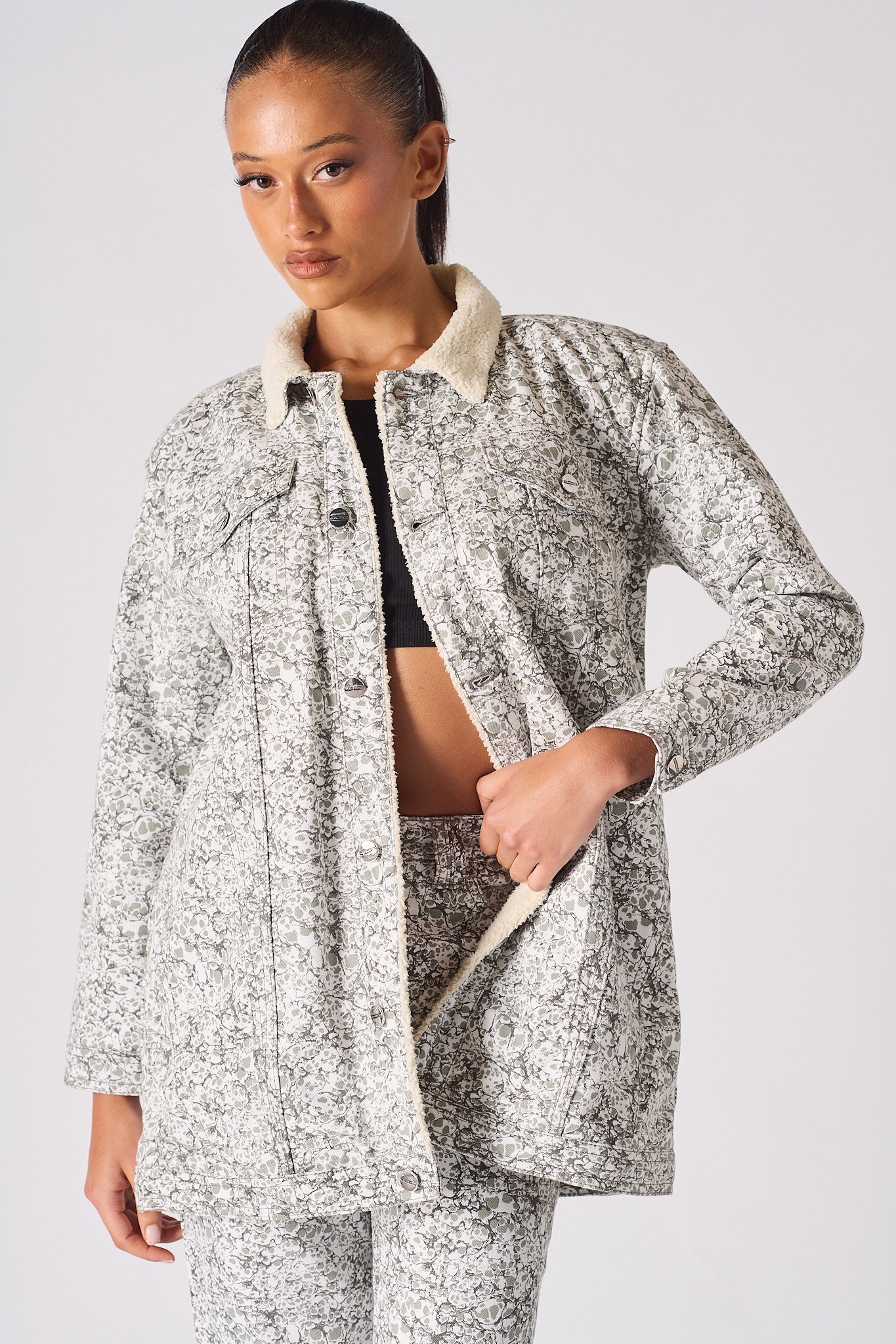Jmojo printed sherpa denim jacket worn open model front close up