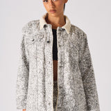 Jmojo printed sherpa denim jacket open front model view showing sherpa lining