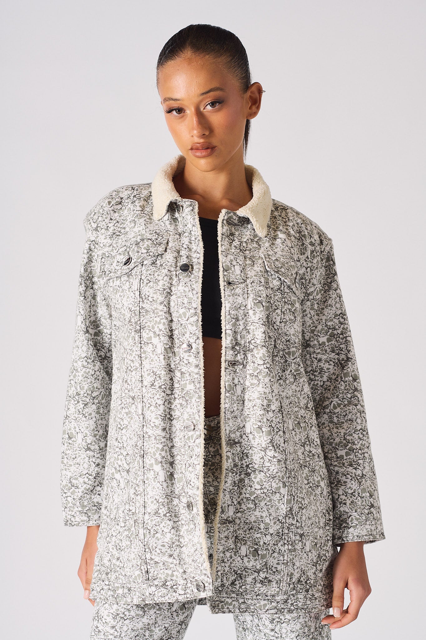 Jmojo printed sherpa denim jacket open front model view showing sherpa lining