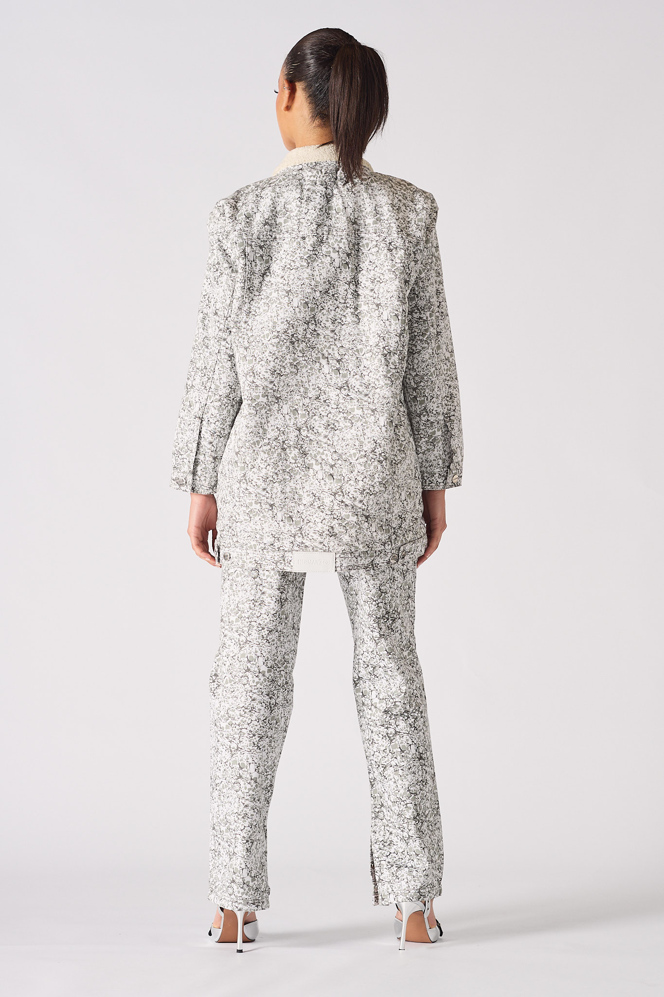 Jmojo printed sherpa denim jacket model full length back view