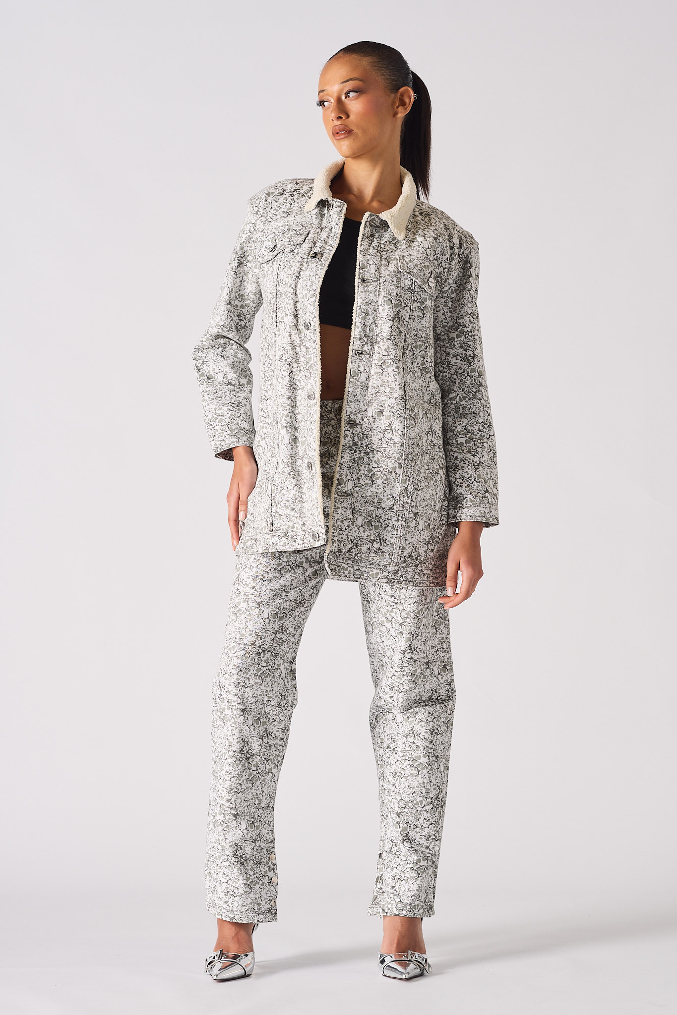 Jmojo printed sherpa denim jacket model full length front view