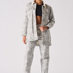 Jmojo printed sherpa denim jacket model full length open front view