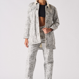 Jmojo printed sherpa denim jacket model full length open front view