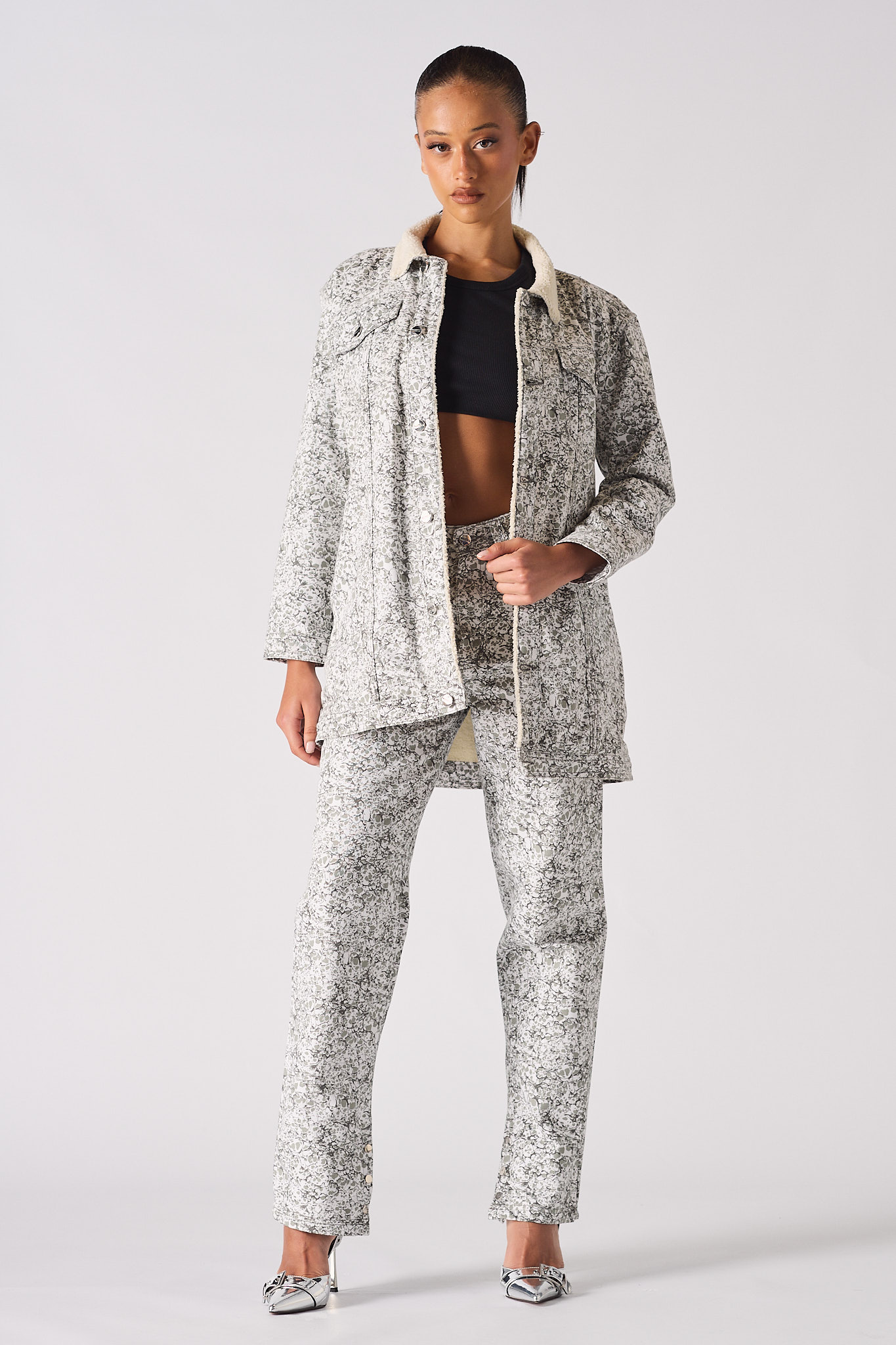 Jmojo printed sherpa denim jacket model full length open front view