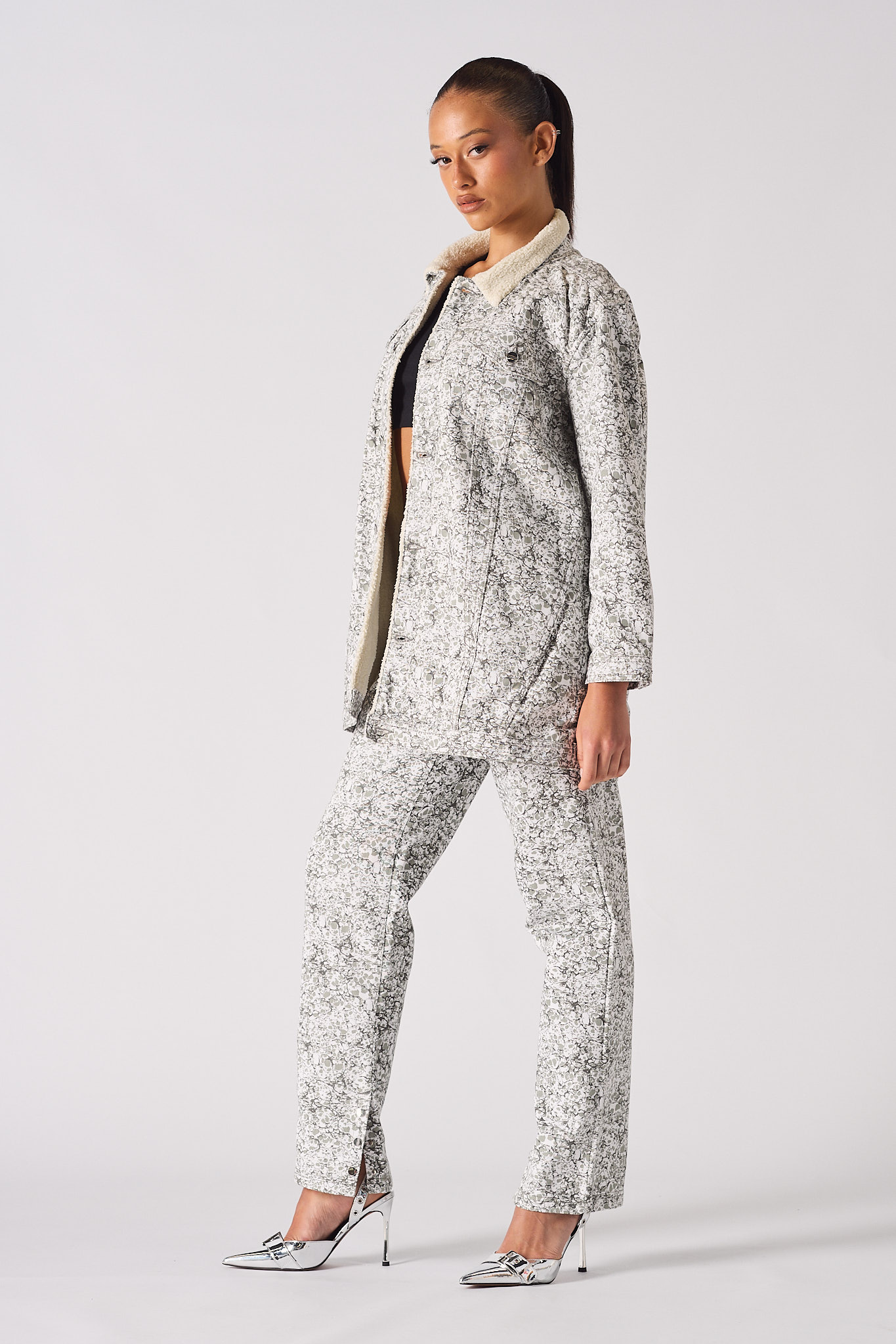 Jmojo printed sherpa denim jacket model side full length view