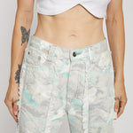 Jmojo printed straight leg jeans frayed seam and waist close up detail