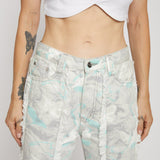 Jmojo printed straight leg jeans frayed seam and waist close up detail