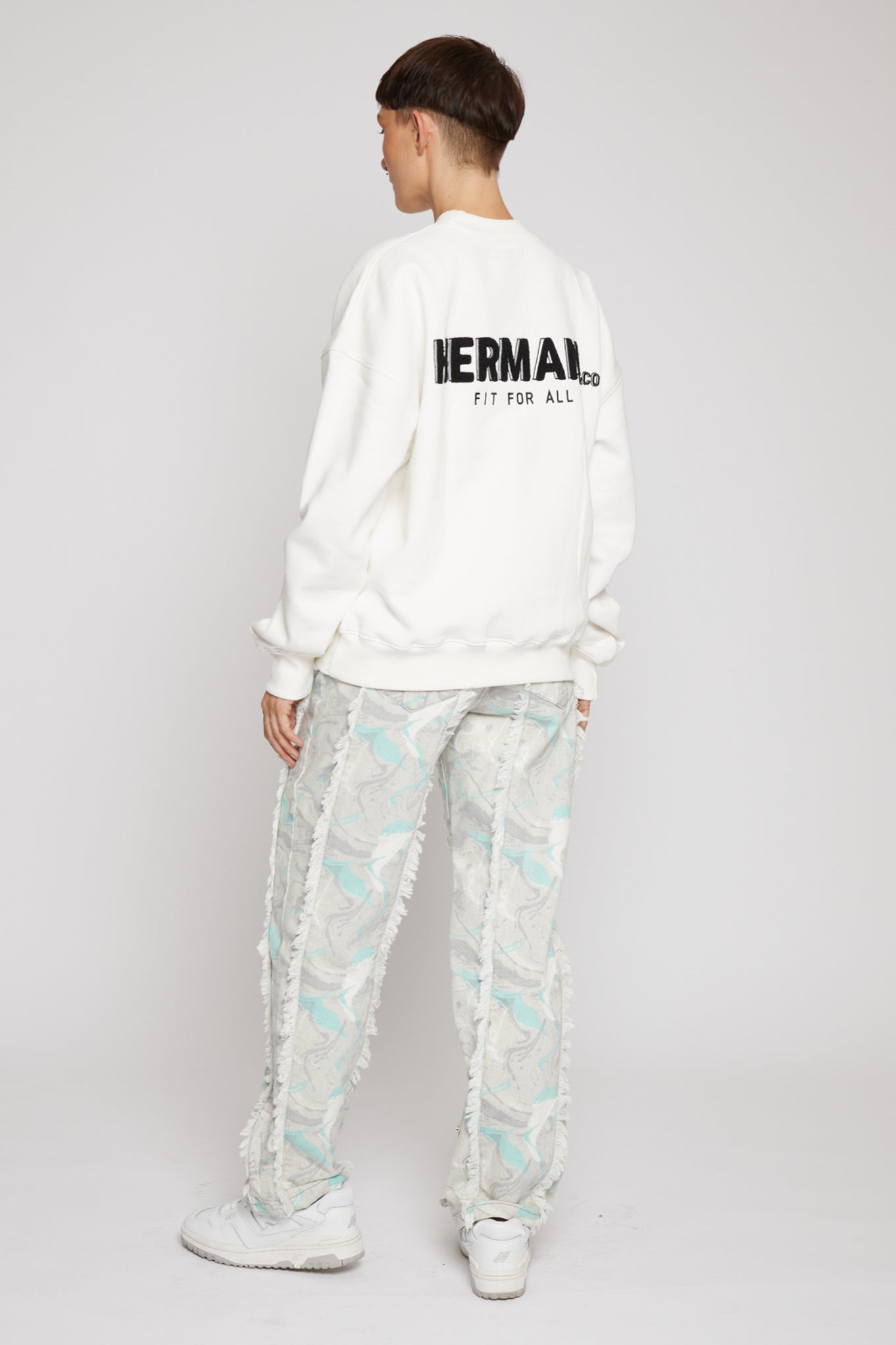 Jmojo printed straight leg jeans marble mint worn with white sweatshirt back view