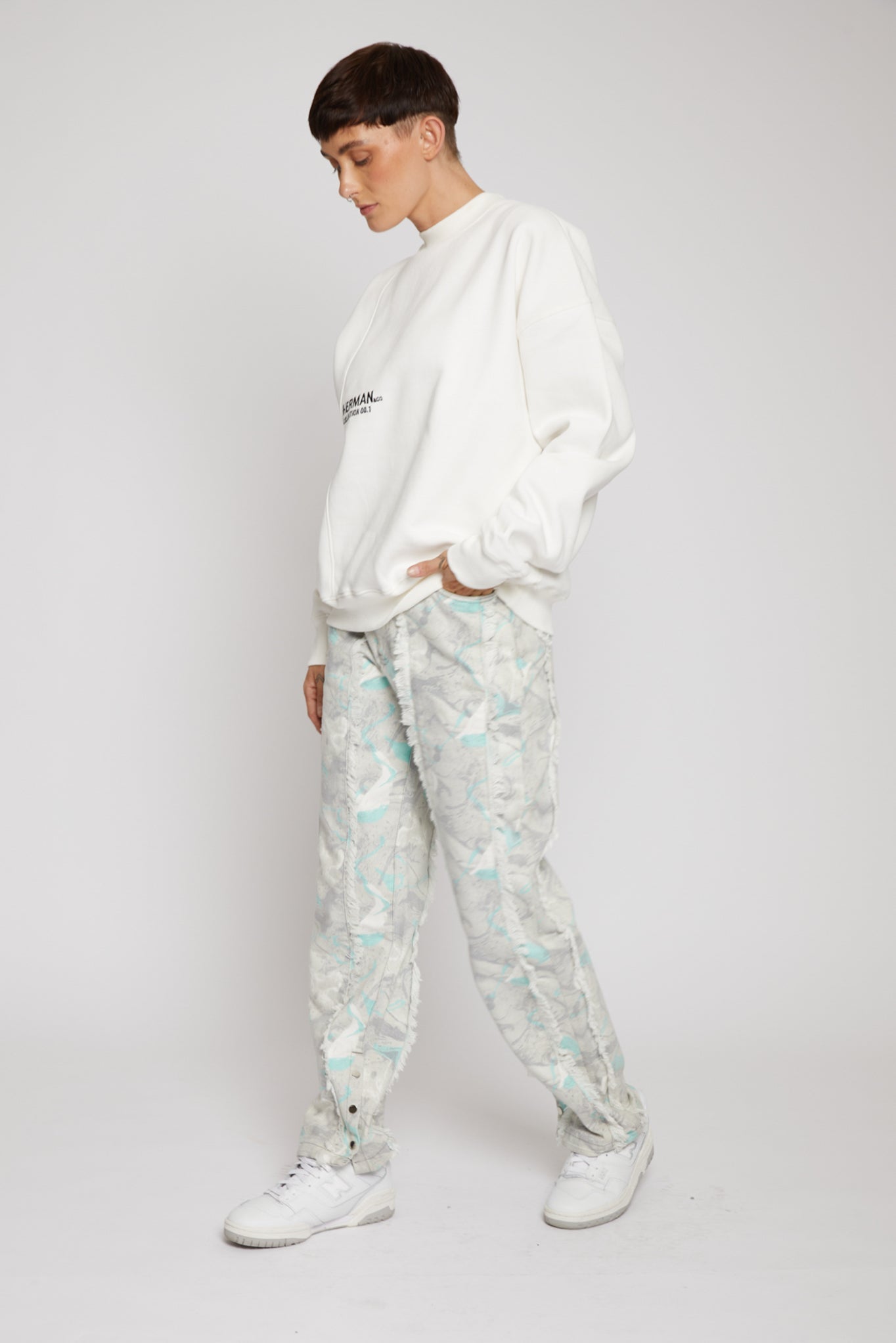 Jmojo printed straight leg jeans marble mint worn with white sweatshirt side view