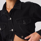 Jmojo tapered waist black denim jacket button and chest pocket close up
