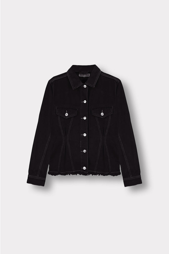 Jmojo tapered waist black denim jacket flatlay front view