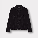 Jmojo tapered waist black denim jacket flatlay front view