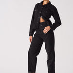 Jmojo tapered waist black denim jacket model angled side view