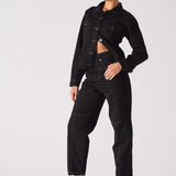 Jmojo tapered waist black denim jacket model angled side view