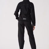Jmojo tapered waist black denim jacket model back view full length