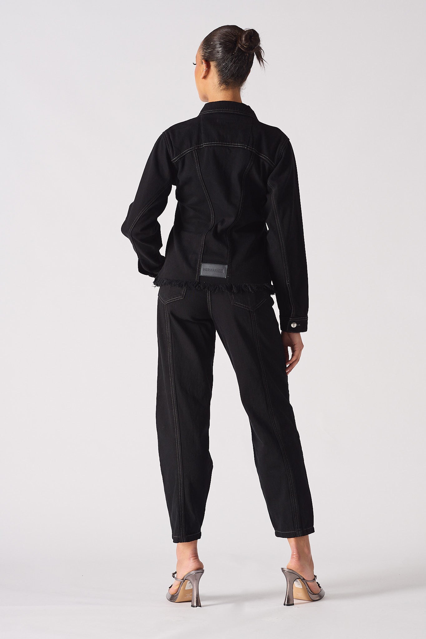 Jmojo tapered waist black denim jacket model back view full length